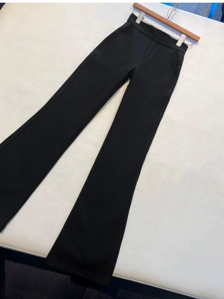 Women's Plus Size Black Velvet Yoga Flare Pants - High Waist, Slimming, Autumn/Winter Outerwear