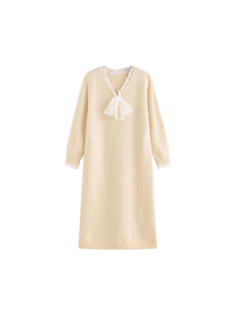 Plus Size V-neck Tie-up Lace Knit Wool Dress - 2025 Winter Style
