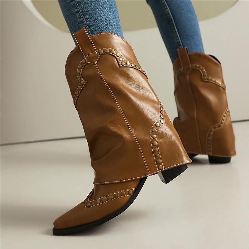 FOREADA Women Mid Calf Cowgirl Boots Round Toe Block High Heels Cowboy Boots Metal Decoration Western Boots Ladies Fashion Shoes Autumn Winter