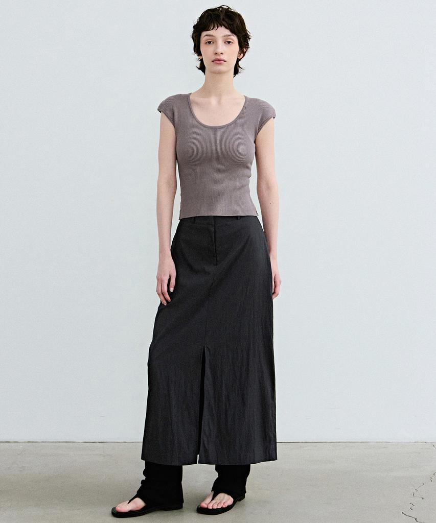 Nigaennikol Seersucker Slit Long Skirt_Navy
