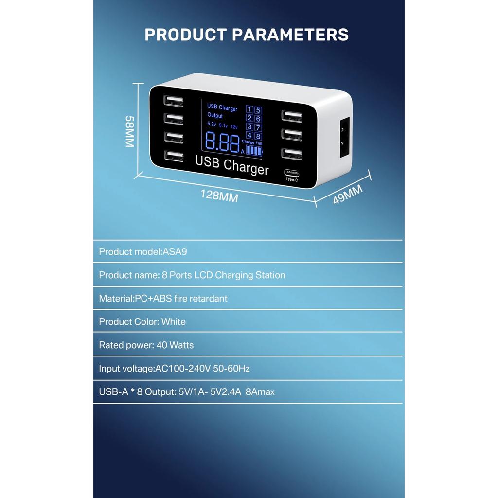 Φορτιστής USB Γρήγορης Φόρτισης 8 Θυρών QC3.0 Γρήγορη Φόρτιση Type C Έξυπνος Σταθμός Φόρτισης Ψηφιακή Οθόνη LCD USB Πολλαπλών Θυρών για Τηλέφωνο