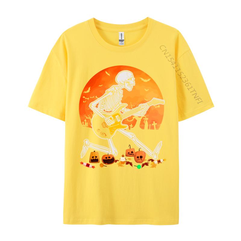 Skeleton Playing Bass Guitar Halloween T Shirt Normal Fall Retro Funny Pure Cotton Camisa Mens Tshirts Funny Clothing