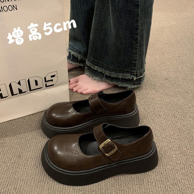 

Brown retro British style small leather shoes 22 spring and summer new round head muffin thick sole heightening Mary Jane shoes 35 коричневый