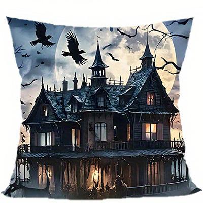 Short Plush Material Pillowcasehome Decor Haunted House With Moon And Ravens Pillow Cover Pattern Cushion Cover Suitable For Sof
