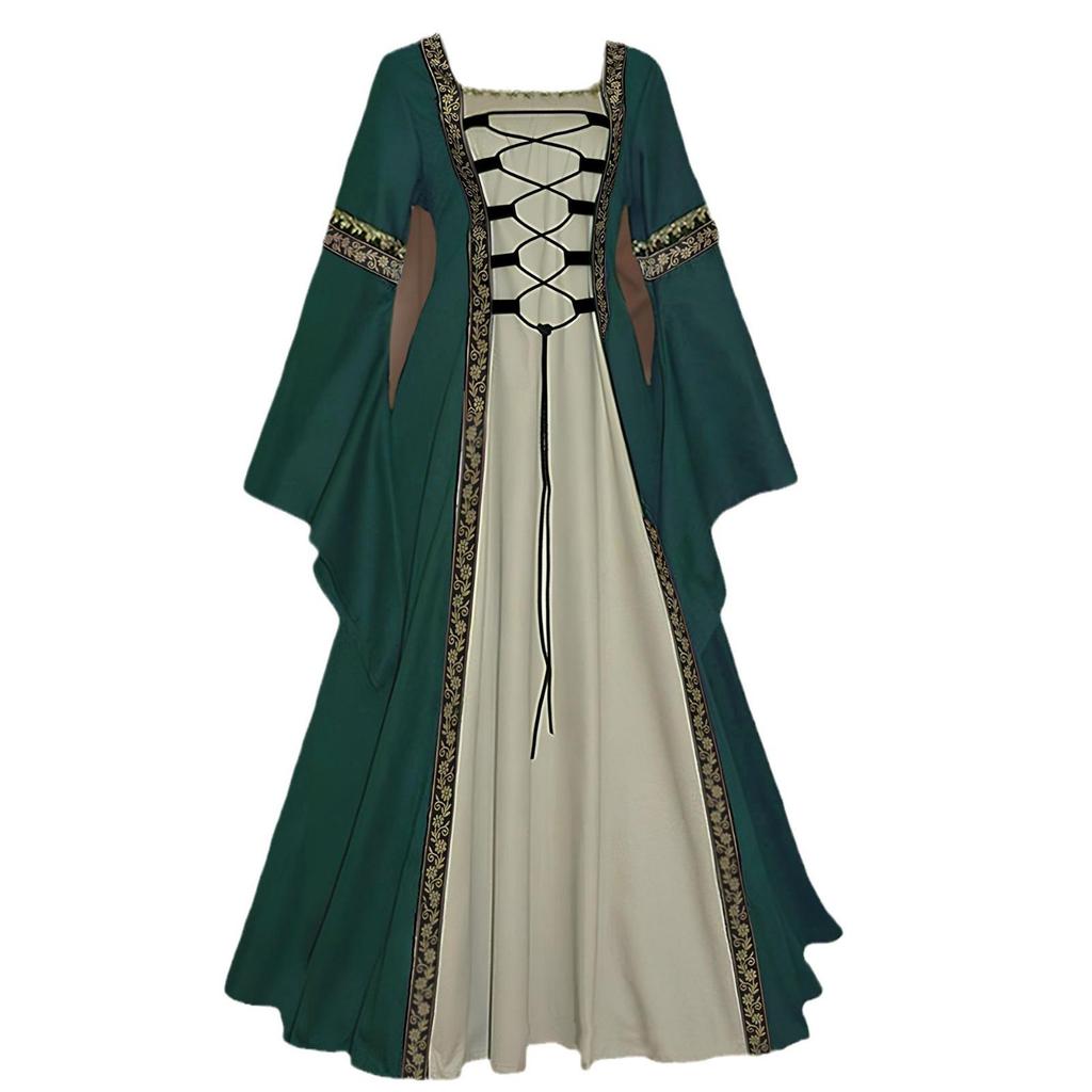 2026 Gothic Retro Medieval Lace-up Ruffle Dress - Long Sleeve Women's Performance Costume