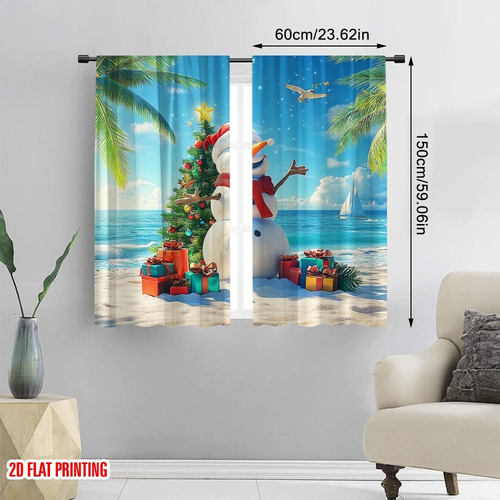 2pcs,2D Plane Printing Curtains Christmas Snowman Beach 100% Polyester (without Rod) Outdoor Decorations for Bedroom, Office,
