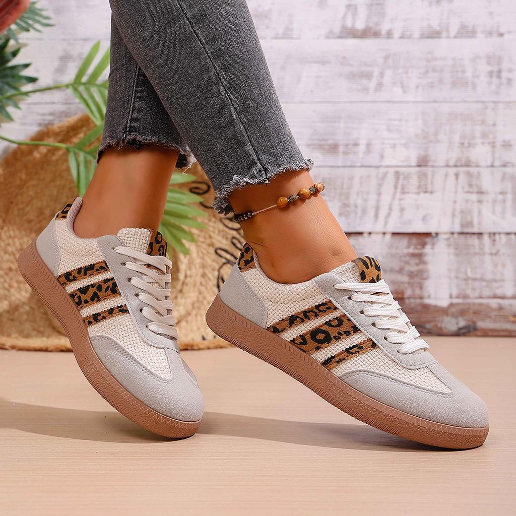 Sneakers Women Casual Shoes Women Low-Top  Golden Leopard Print Lace-Up Ankle Strap Moccasin Style Shoes Minimalist  All Season
