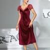 Camisola de Veludo com Renda de Manga Curta Preto/Vinho Tinto Decote em V Midi Roupa de Casa 977 (Pode Ser Usado ao Ar Livre) Pijama Versátil e Chique Adequado para Saídas