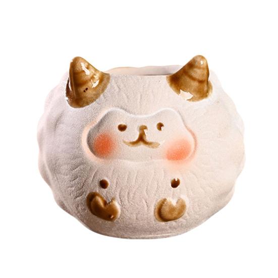 Ceramic Animal Plant Pot Cute Kitty Flowerpot with Drainage Hole Decorative Sheep Pig Planter for Succulents Home Room Office Desk Decor