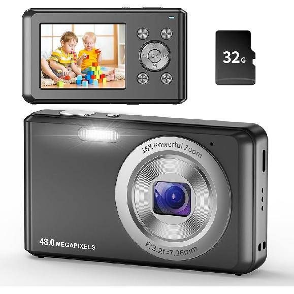 Digital Camera, HD 1080P Compact Camera with 32GB Memory Card, 48 Megapixel Camera, 2.4-inch LCD 16x Digital Zoom Digital Camera for Kids, Girls,