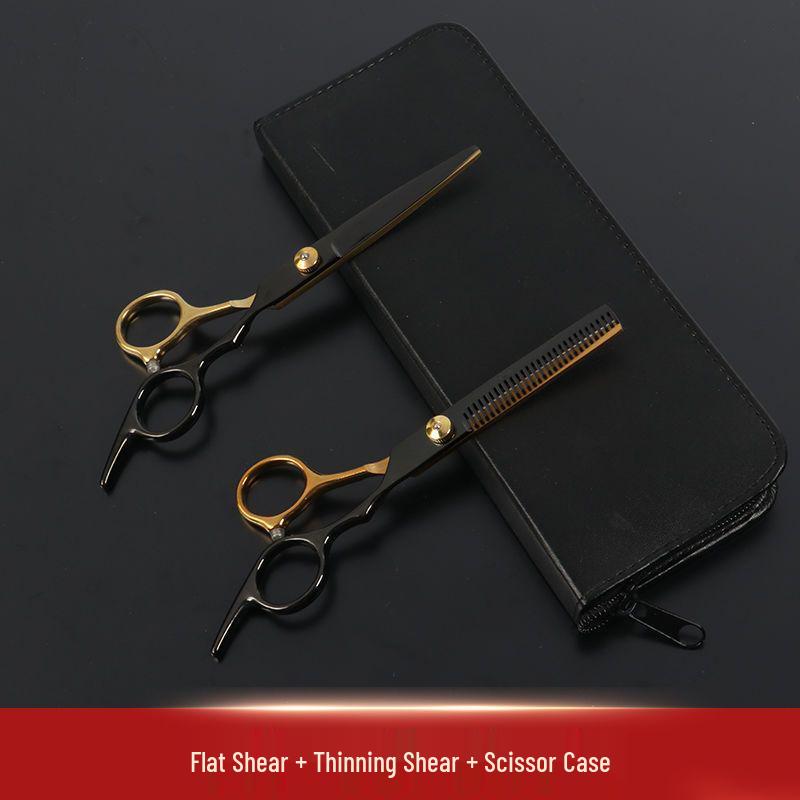 Black Gold Hairdressing Scissors Set: Flat Cut & Thinning Scissors for Women - Perfect for Home Haircuts and Bangs.