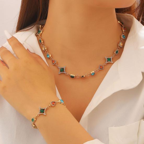 Colorful Faux Gem Necklace Women Retro Necklace Bracelet Sparkling Rhinestone Necklace for Jewelry Gift Parties Dating Weddings