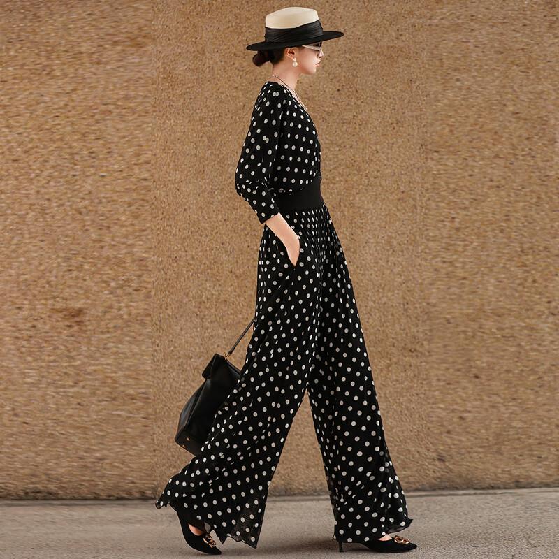 French Vintage Polka Dot V-Neck Wide-Leg Jumpsuit