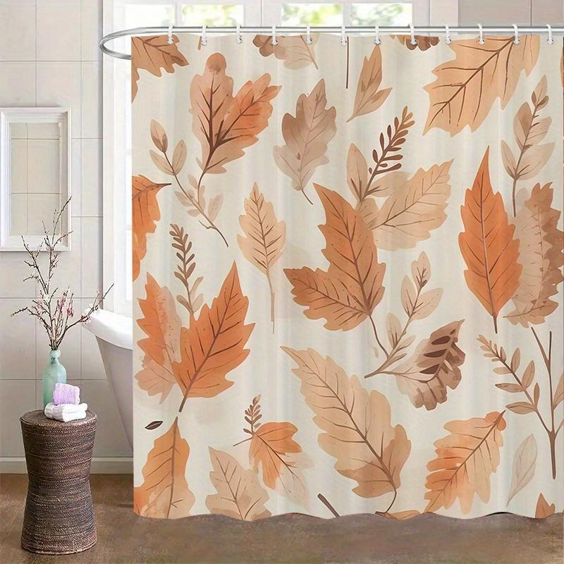1pc Modern brown leaf pattern shower curtain, polyester fabric, with hooks, machine washable, suitable for bathroom décor.