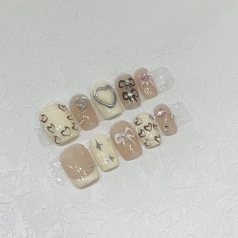 Summer Sweetheart Handmade Full Cover False Nails Kawaii Cartoon Cat Flower Cat Eye Short Square Reusable Fake Nail Stickers