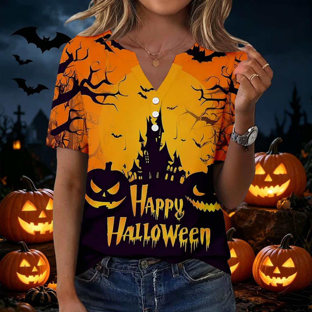 Women's Halloween Printed Loose Fit V Neck Short Sleeve Top with Pocket Casual Blouse for Seasonal Wear and Everyday Comfort