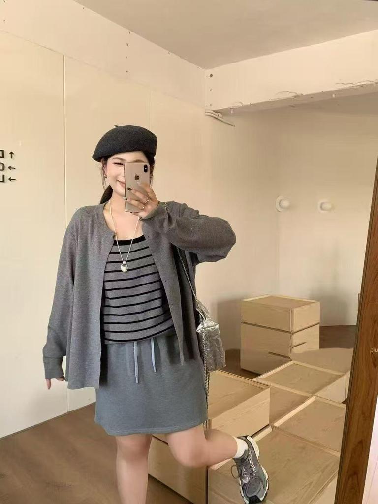 Korean College Style Striped Patchwork Two-Piece Women's Knitted Sweater