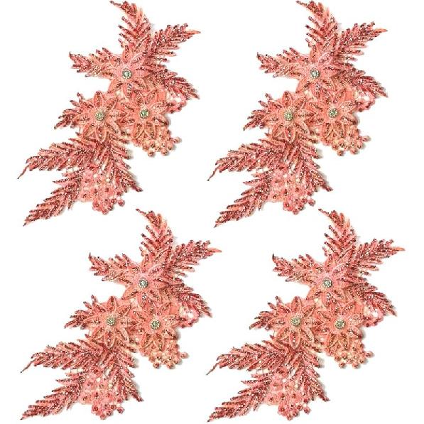 4er-Pack 3D-Blumen-Pailletten-Applikation mit Strass-Glitzer-Perlen-Stickerei, Stoff-Spitzenbesatz für Hochzeit, Brautkleid, Kleid, Tasche, Kissen