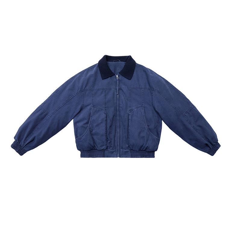 

American Distressed Thickened Down Zipper Jacket for Men & Women: Structural Splicing, Washed-Out, Loose Fit Commuting Coat Extra Extra Large синій