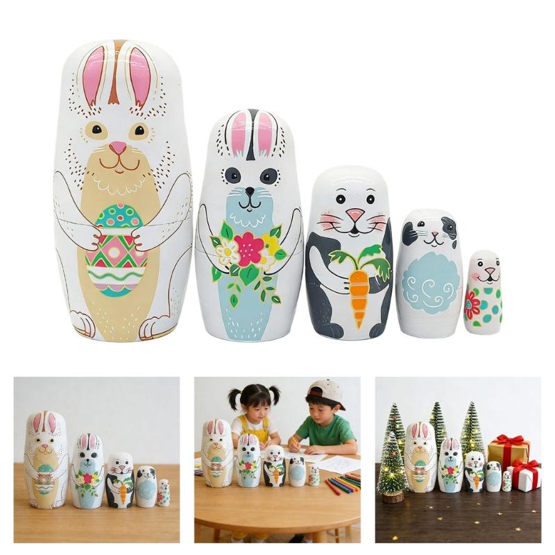 Wooden Rabbit Nesting Dolls Handcraft Russian Matryoshka Doll Stacking Toy for Easy Storage and Holiday Gift Giving