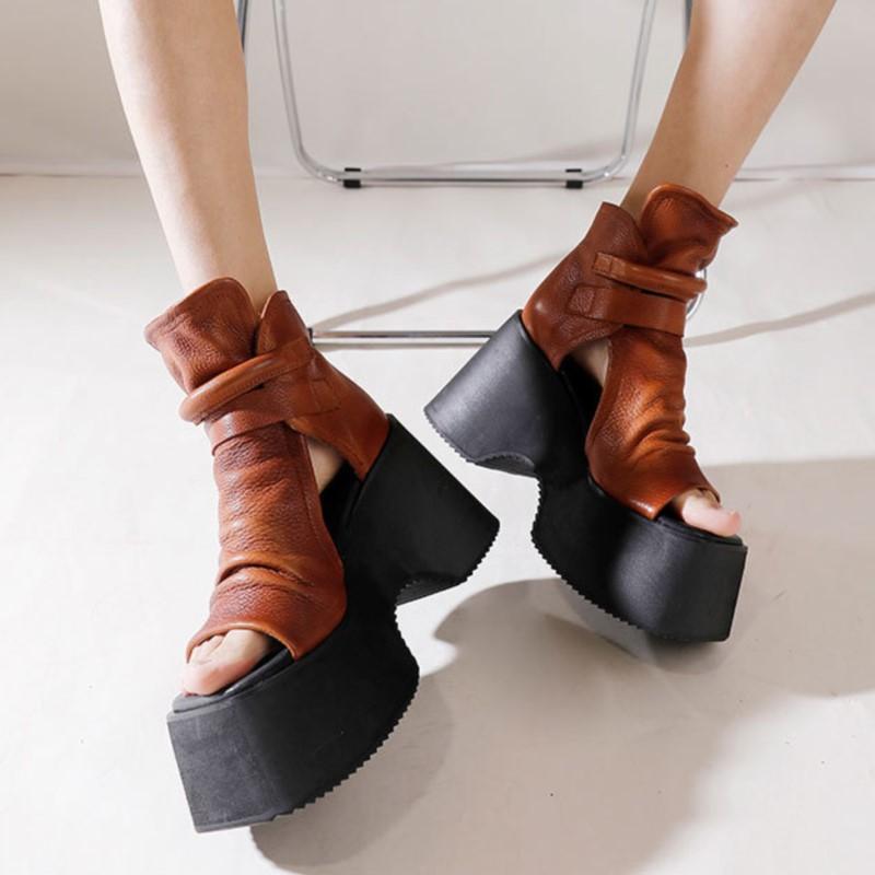 Johnature Vintage Thick Sole Sandals Boots Women Peep Toe Genuine Leather Comfort Heightening Platform Shoes