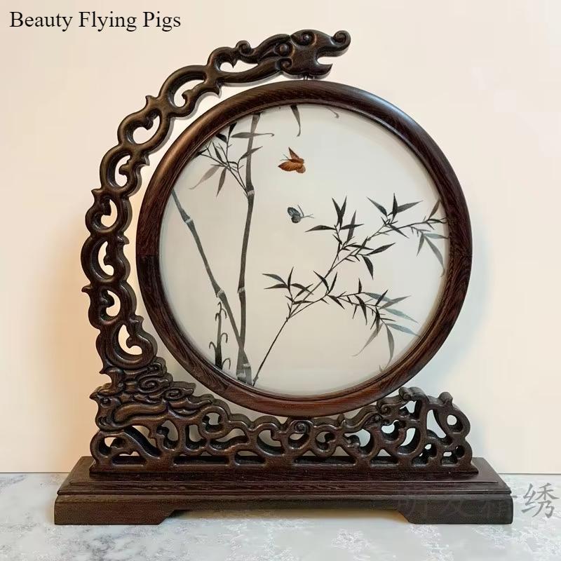 1pc, Su Embroidery Ornaments, Chinese Embroidery Crafts, Double Sided Embroidered Ornament, Solid Wood Desktop Decoration
