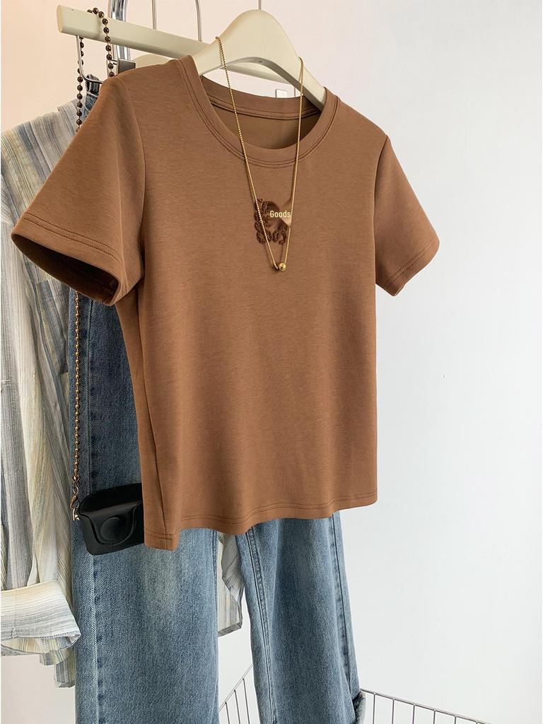 Women's Khaki Short-Sleeve Loose Cotton T-Shirt - Summer 2024 Petite New Design