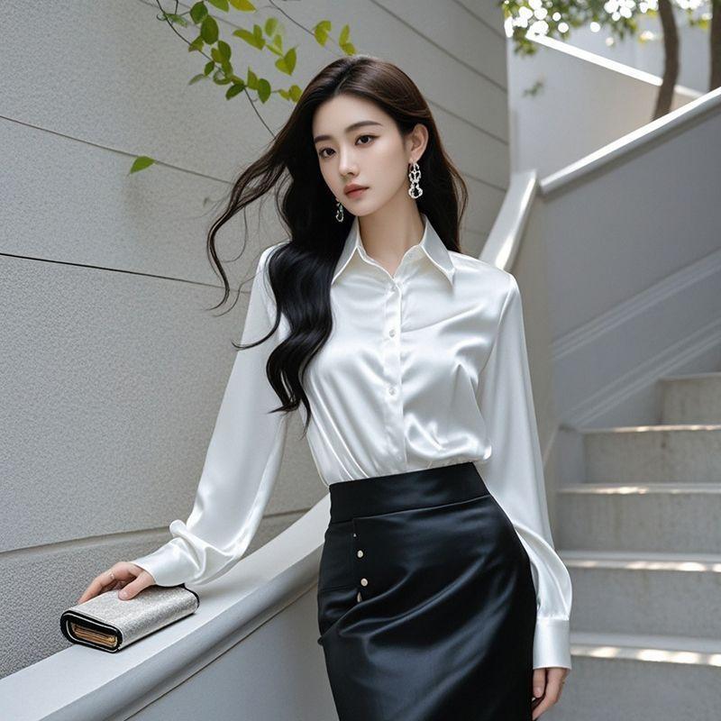 

Elegant Silk Office Shirts Women Korean Fashion Y2k Clothes Slim Long Sleeve White Black Blouses XXL білий