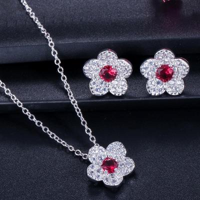 WWJ Flower Zirconia Pendant Necklace Stud Earrings Set Party Gift