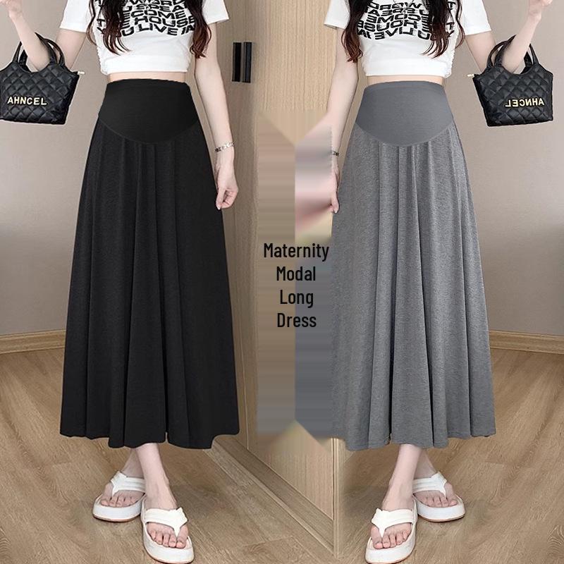 Summer Modal High-Waist A-Line Maternity Dress with Large Hem M чёрный