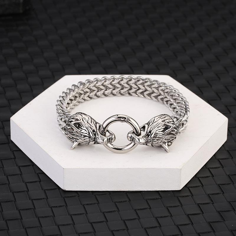 Stainless Steel Viking Wolf Head Bracelet with Franco Link Chain for Men