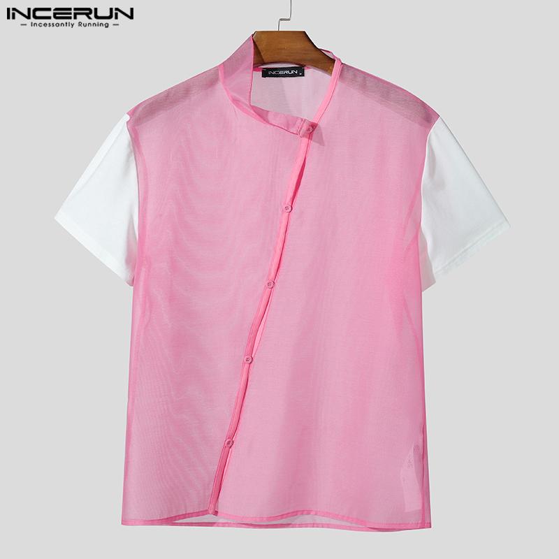 INCERUN Sommer Herren Stehkragen Kurzarm Mesh Sheer Patchwork T-Shirts