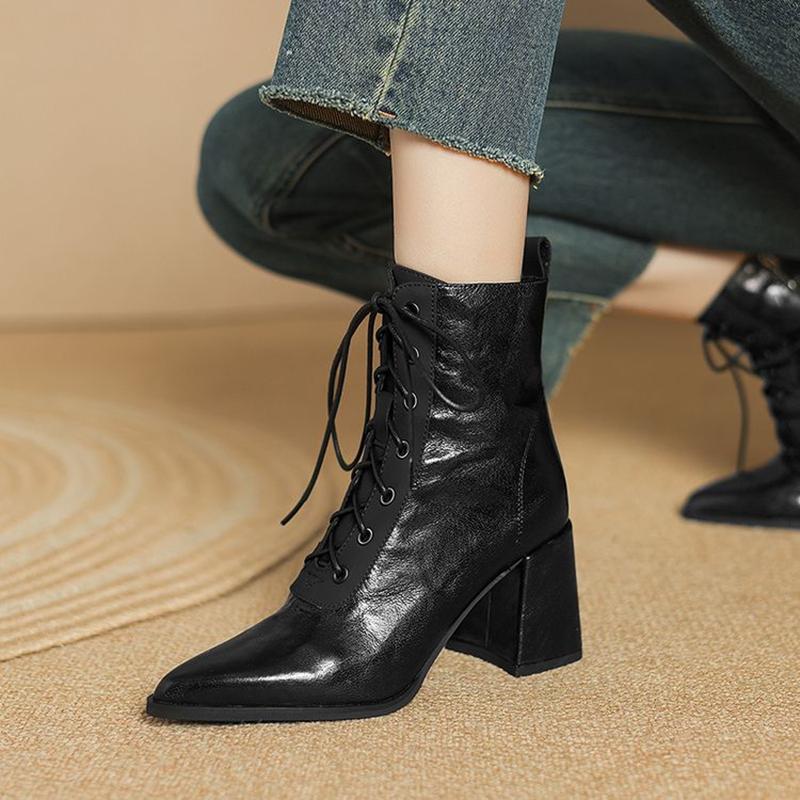 Fashion NEW Autumn Women Boots Genuine Leather Shoes for Women Pointed Toe Chunky Heel Shoes Lace-up Zipper Modern Boots High Heel Boots