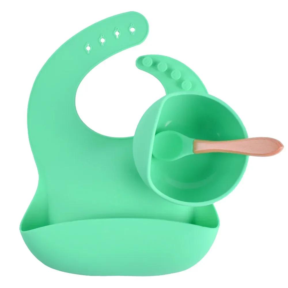 

Набор силиконовых нагрудников для малышей, нескользящая детская присоска, силиконовая ложка с деревянной ручкой, посуда для нагрудников, посуда для кормления ребенка