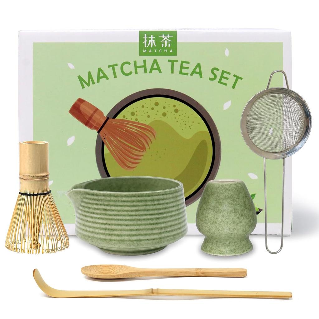 Matcha set tea ceremony 6 items tools bowl chasen chashaku holder spoon strainer preparing serving set.