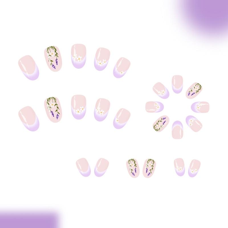 24Pcs French Lavender Glossy Press On Nail Winter Floral False Nail Durability ABS False Nail For Women Party