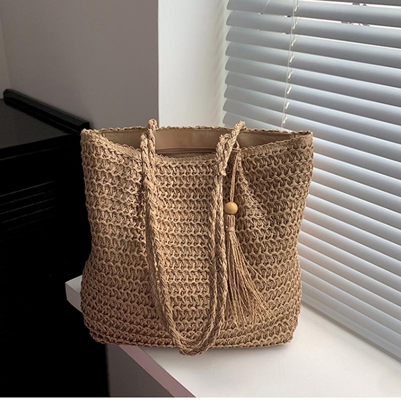 New Casual Handmade Straw Bag Portable Shoulder Tote Ladies Holiday Beach Large Capacity Woven Handbag