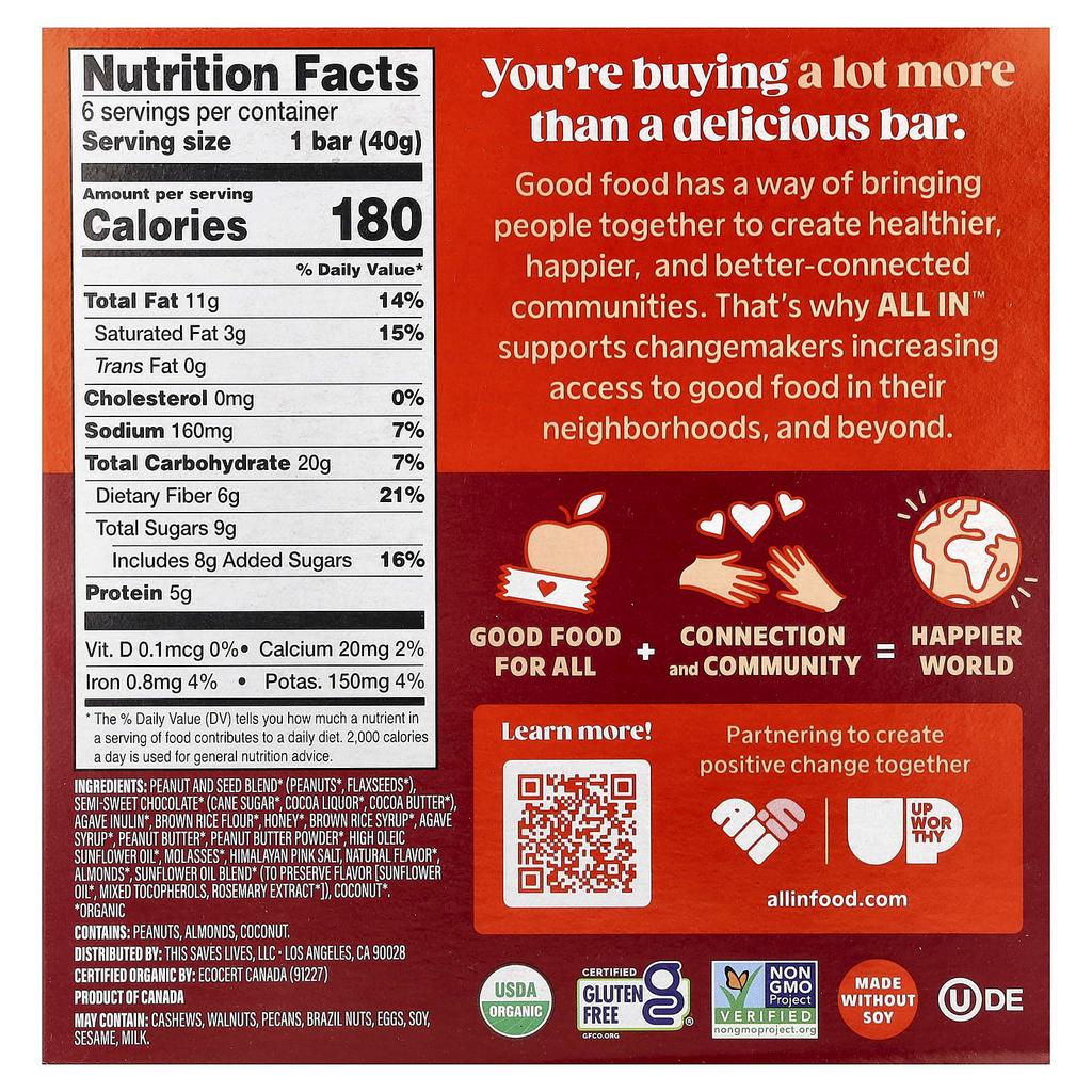 All In, Peanut & Seed Bars, Peruvian Dark Chocolate + Peanut Butter, 6 Bars, 40g (1.4oz) Each