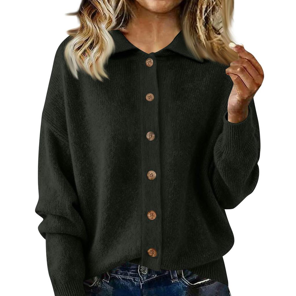 Women's Fashion Casual Solid-Colour Long-Sleeved Button-Front Knitted Collared Cardigan