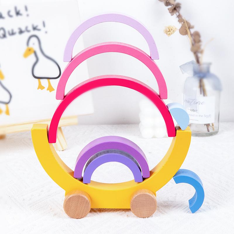 Arch Bridge Rainbow Building Blocks Trailer Kids Montessori Educational Games Color and Shape Cognitive Wooden Toys for Children