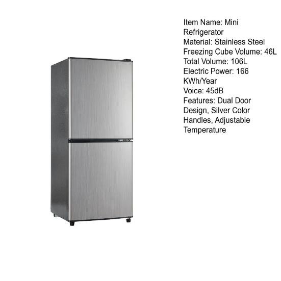 Small Refrigerator 106L Energy-Saving Mini Fridge 60L Fridge and 46L Freezing Machine 7 Temperature Settings Silver Color Door Black Body