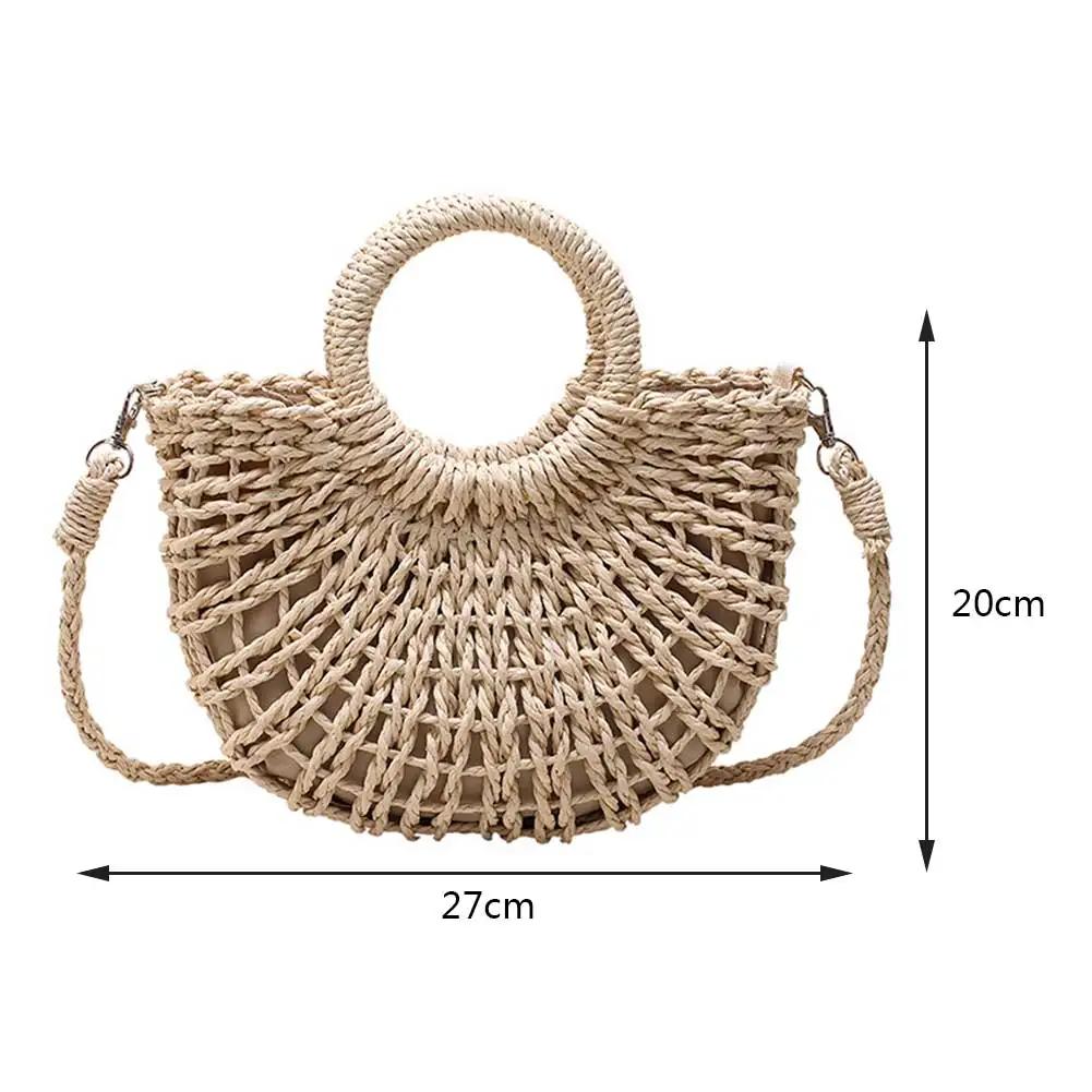 Women Handwoven Semicircle Tote Handbag Half-Moon Straw Rattan Fashion Shoulder Bag Summer Large Capacity Weaving Crossbody Bag