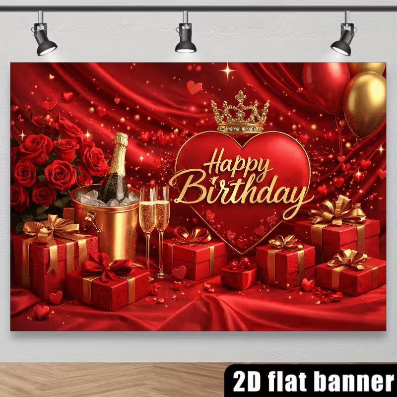 2D Romantic Red Gold Happy Birthday Backdrop for Birthday Photoshoot