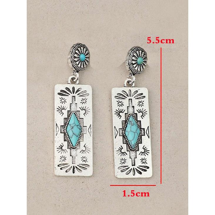 1 Pair Western Style Carved Inlaid Rhombus Artificial Turquoise Rectangular Pendant Earrings, Women's Vintage Jewelry