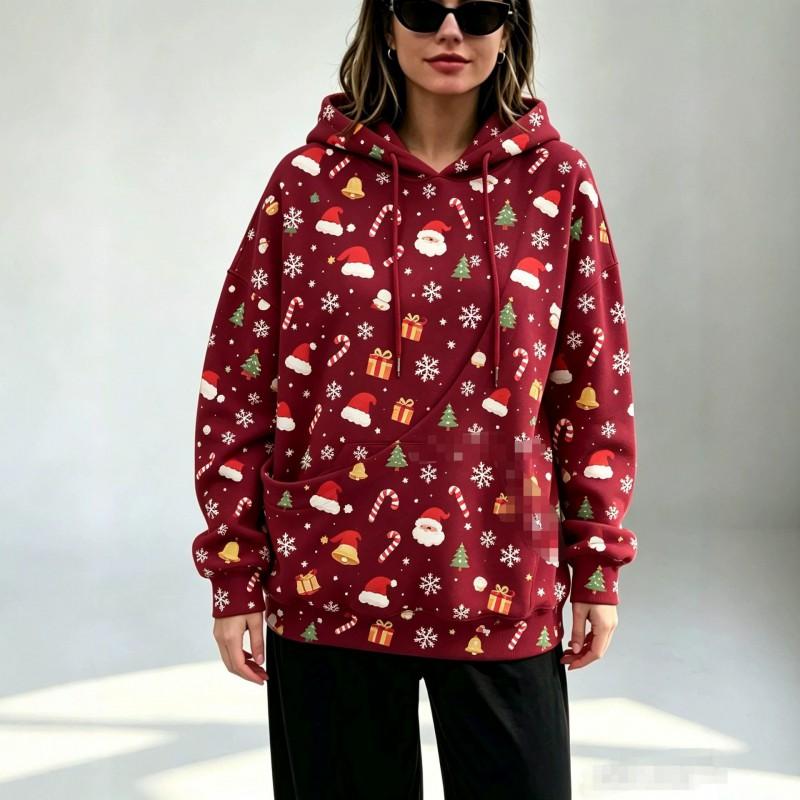 Womens Oversized Christmas Hoodie With 3D Print Loose Fit Large Slant Pockets Long Sleeve Holiday Party Casual Wear