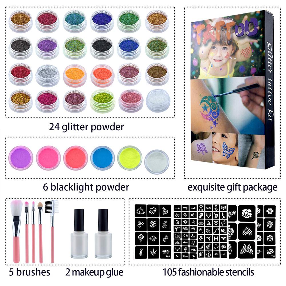 

30 цветов, бриллиантовый глиттер, арт-очарование, светящийся набор для татуировки, блестящая пудра, наклейка, кисточка для макияжа, временный набор для татуировки для женщин и детей