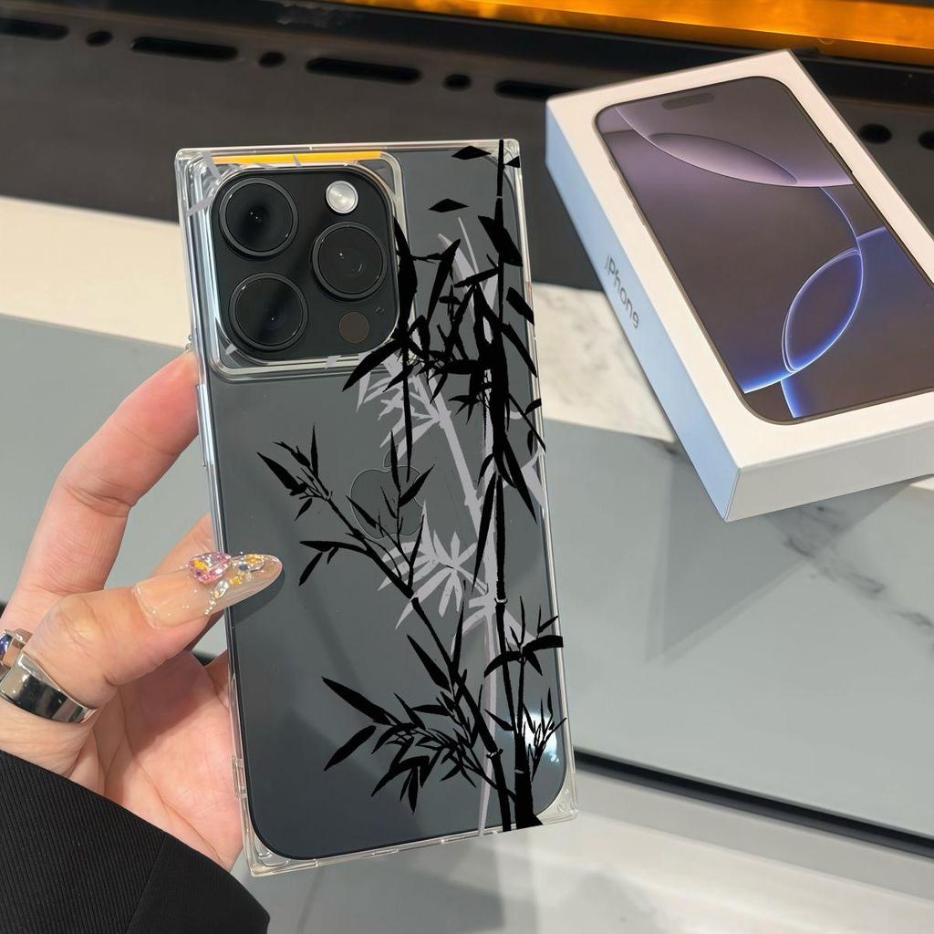 Transparent Square Back Tube Case Casing Protection For iPhone 15 Plus 11 14 Pro Max 16 ProMax 13 12 Anti-Oxygen,Ink bamboo Pattern