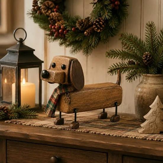 Dachshund Dog Statue Plaid Scarf Figurine, Retro with Paw Miniature Puppy Decoration Print Charm, Handcrafted Mini Desktop Office Accessories