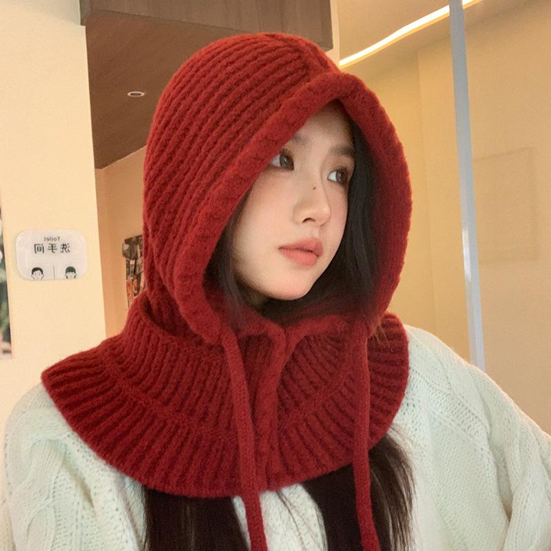 Autumn and winter hats women's fashion versatile balaclava hat scarf integrated warm knitted wool hat