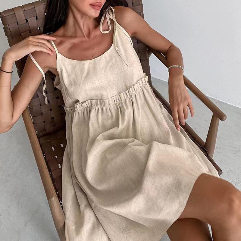 2025 Summer Cotton Linen Spaghetti Strap Dress - Women's Backless Sexy Urban European & American High-end Style.